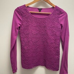 Ann Taylor Magenta Lace Front Long Sleeve Tee